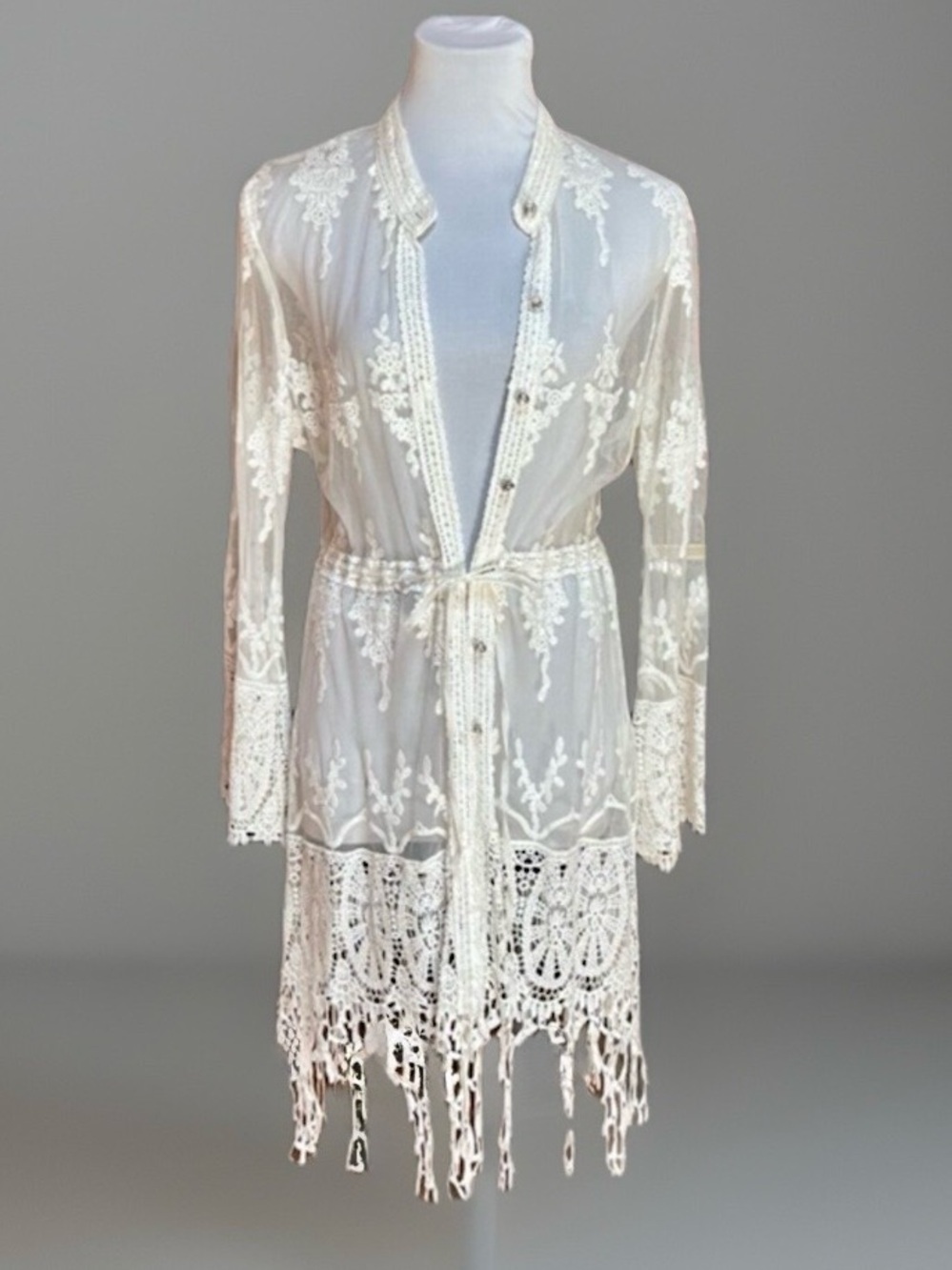 VINTAGE Festival Empire Long Cream Eyelet Sheer Trench Duster Jacket Cov…